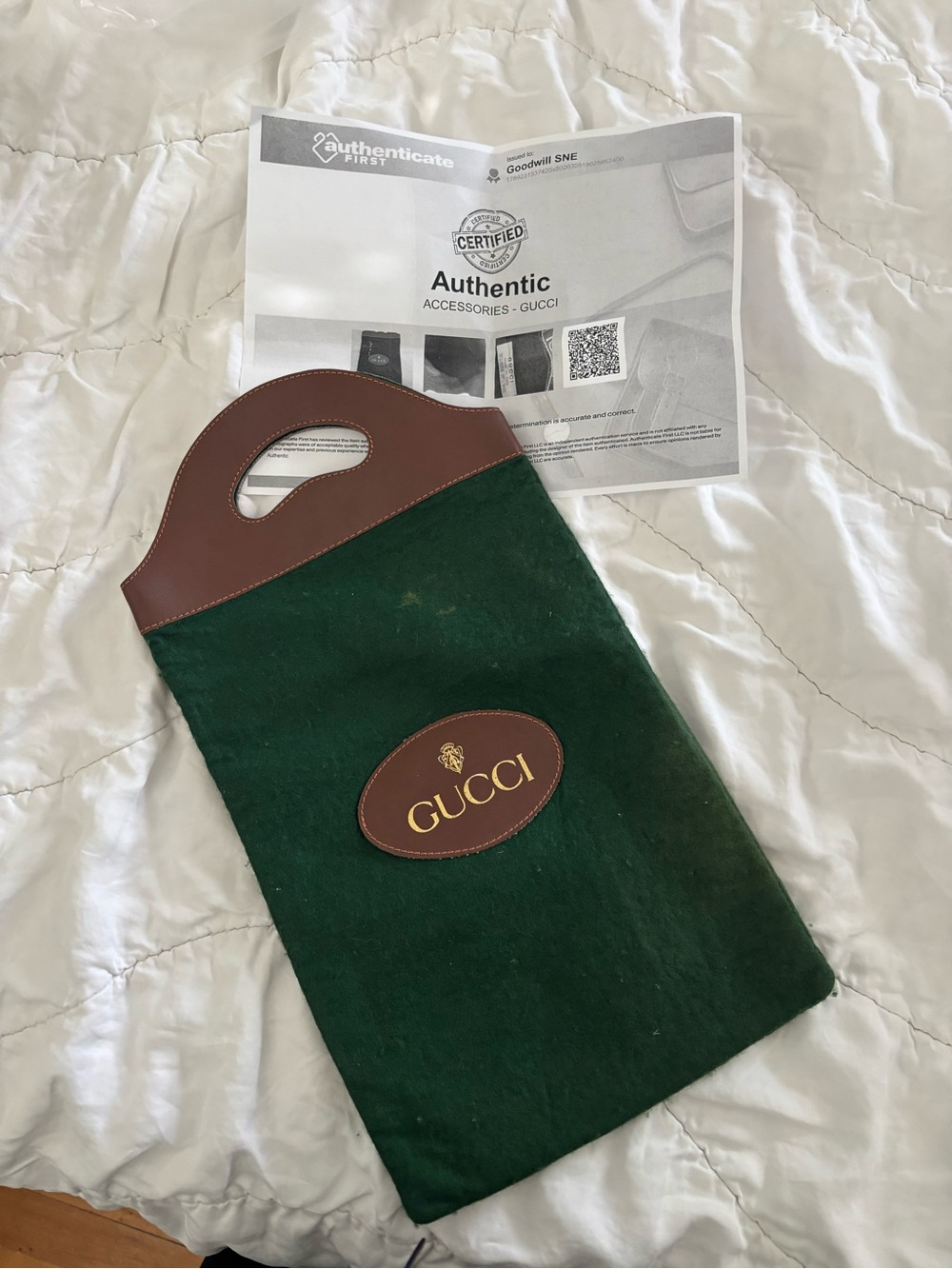 Vintage Gucci Green Felt Leather Top Handle Tote Bag Dust Bag Authenticated